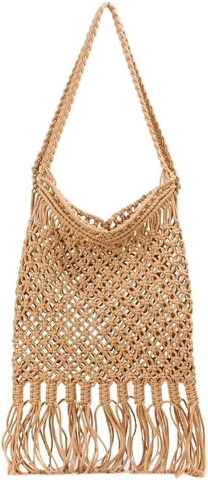 Shopper Bag Women's Hobos Shoulder Bags Mesh Handwoven Bag Female Cotton Rope Leisure Beach Bag Camel, Quicksand Bag