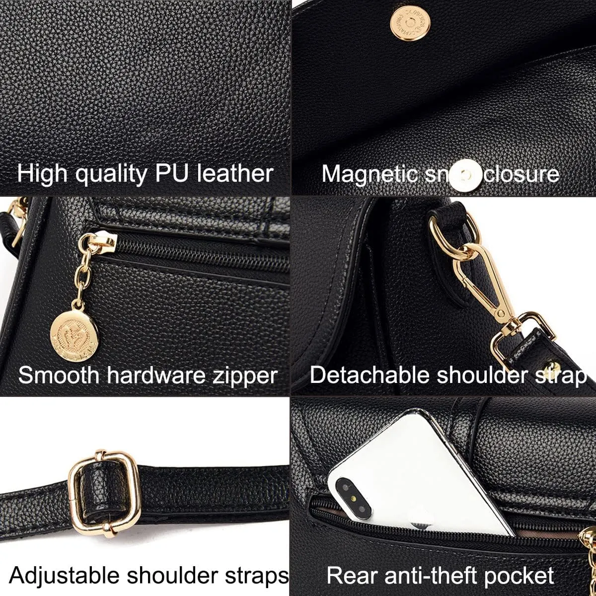 Shoulder Bags and Purses for Women PU Leather Satchel Multi-pocket Crossbody Bag Tote 2 Detachable Shoulder Straps