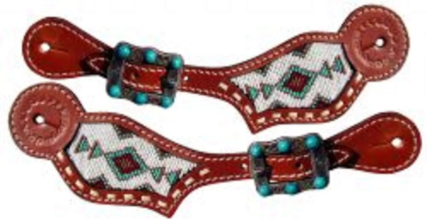 Showman ® Ladies Turquoise Beaded Inlay spur straps With Silver Buckles Accented By Turquoise Studs