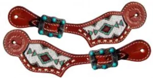 Showman ® Ladies Turquoise Beaded Inlay spur straps With Silver Buckles Accented By Turquoise Studs