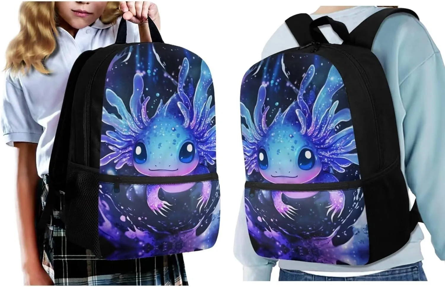 Showudesigns Blue Axolotl Backpack for School Girls Elementary School Bag Boys Bookbag with Lunch Box Pencil Case Water Bottle Holder Daycare Bag Satchel for Kids 17inch Children Daypack