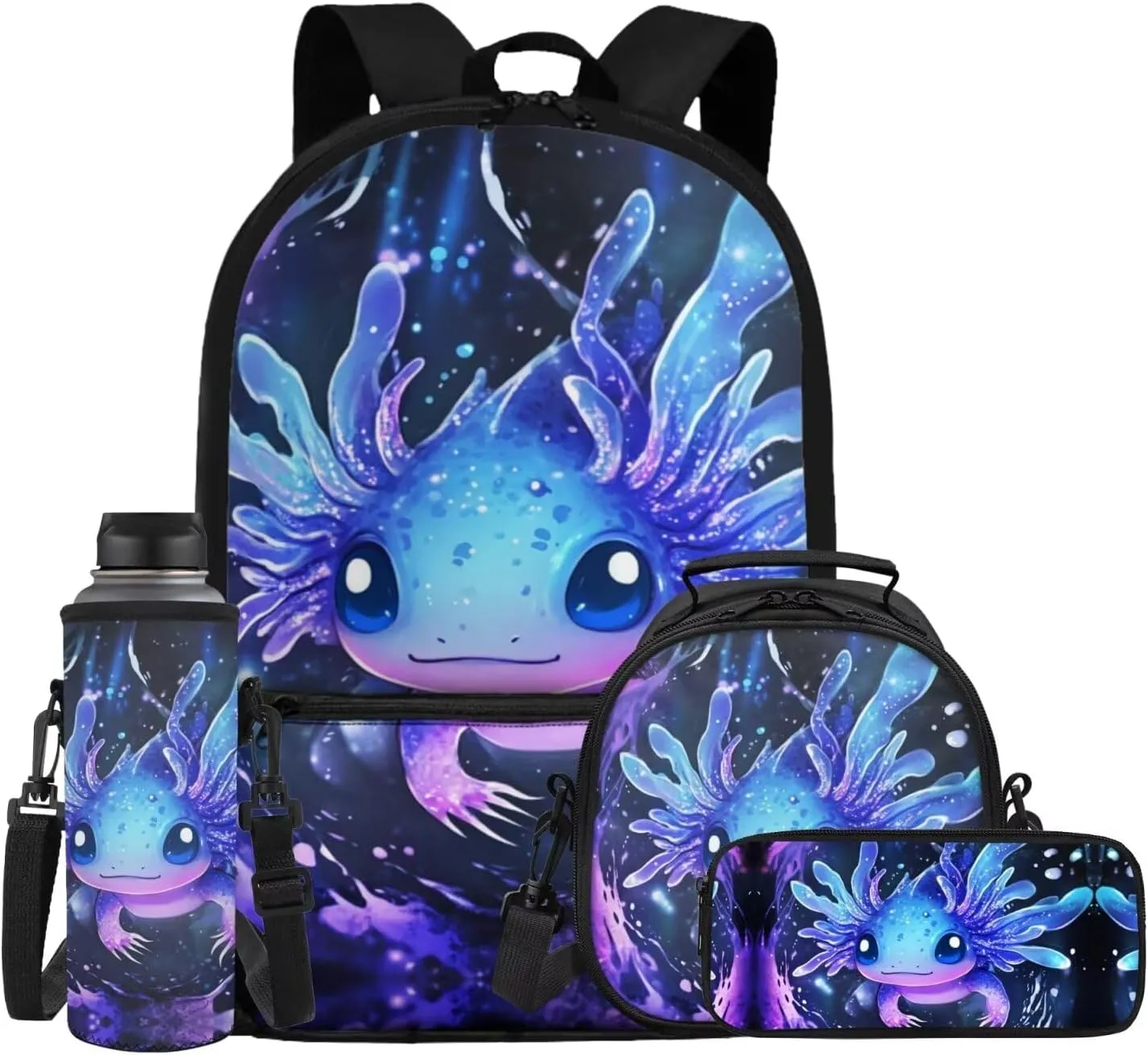 Showudesigns Blue Axolotl Backpack for School Girls Elementary School Bag Boys Bookbag with Lunch Box Pencil Case Water Bottle Holder Daycare Bag Satchel for Kids 17inch Children Daypack