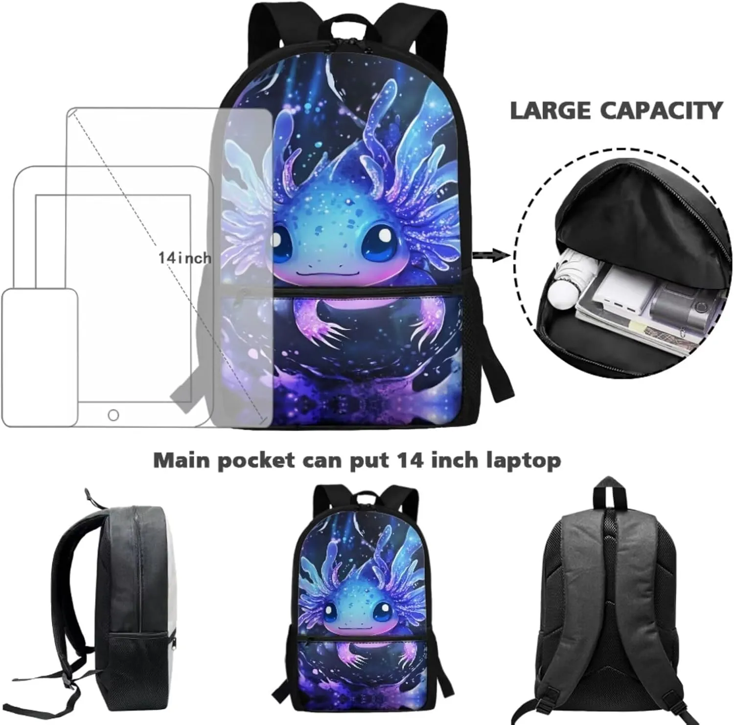 Showudesigns Blue Axolotl Backpack for School Girls Elementary School Bag Boys Bookbag with Lunch Box Pencil Case Water Bottle Holder Daycare Bag Satchel for Kids 17inch Children Daypack