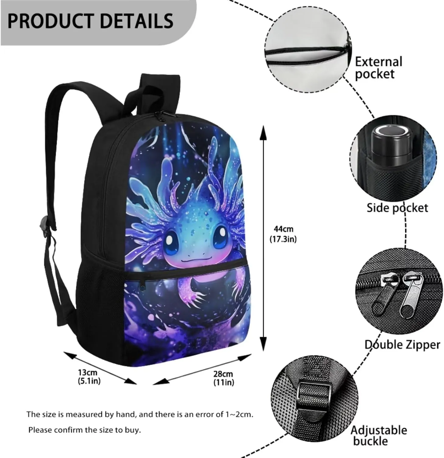 Showudesigns Blue Axolotl Backpack for School Girls Elementary School Bag Boys Bookbag with Lunch Box Pencil Case Water Bottle Holder Daycare Bag Satchel for Kids 17inch Children Daypack
