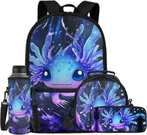 Showudesigns Blue Axolotl Backpack for School Girls Elementary School Bag Boys Bookbag with Lunch Box Pencil Case Water Bottle Holder Daycare Bag Satchel for Kids 17inch Children Daypack