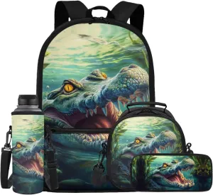 Showudesigns Crocodile Backpack for School Boys 6-7 8-9 10-12 Elementary School Bag and Lunch Bag Set with Pencil Case Water Bottle Holder 4Pcs Kindergarten Middle Bookbag Back Pack Kids Satchel