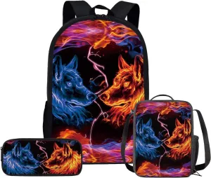 Showudesigns Wolf Backpack for Boys School Bags 3D Graphic Print Kids Bookbags Elementary School Backpack Set with Lunch Bags and Pencil Case Teens