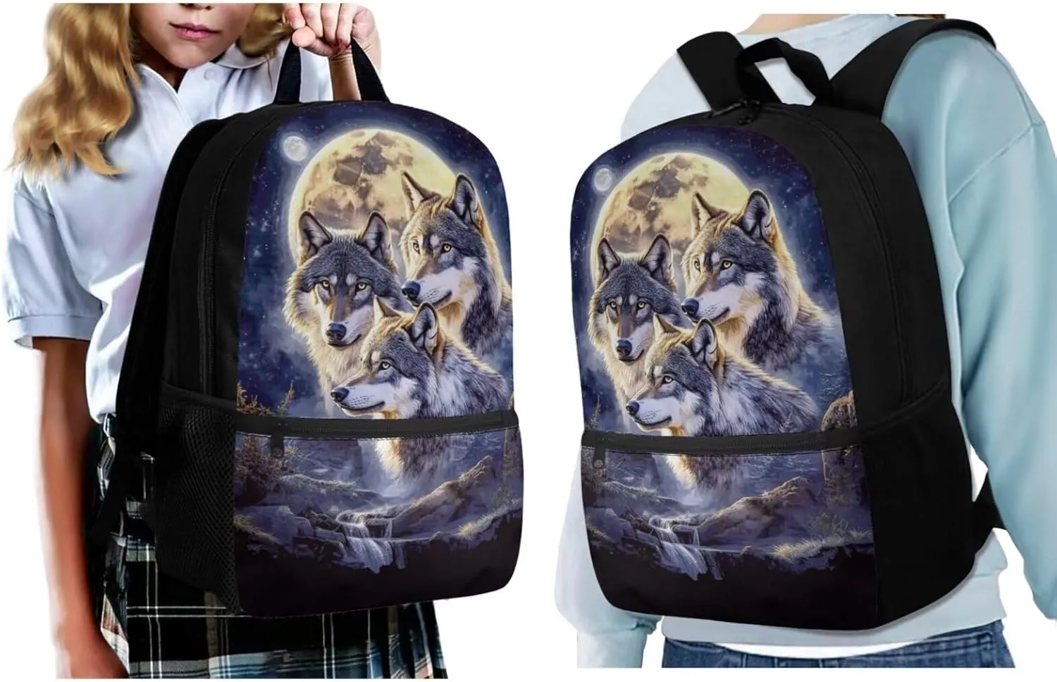 Showudesigns Wolf Backpack for School Boys 4th/6th Grade Girls Bookbag with Lunch Box Pencil Case Water Bottle Holder Elementary Middle School Bag Back Packs for Kids Child Satchel Travel Daypack