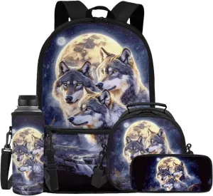 Showudesigns Wolf Backpack for School Boys 4th/6th Grade Girls Bookbag with Lunch Box Pencil Case Water Bottle Holder Elementary Middle School Bag Back Packs for Kids Child Satchel Travel Daypack