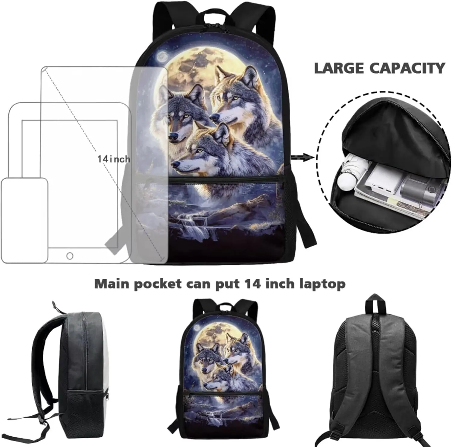 Showudesigns Wolf Backpack for School Boys 4th/6th Grade Girls Bookbag with Lunch Box Pencil Case Water Bottle Holder Elementary Middle School Bag Back Packs for Kids Child Satchel Travel Daypack