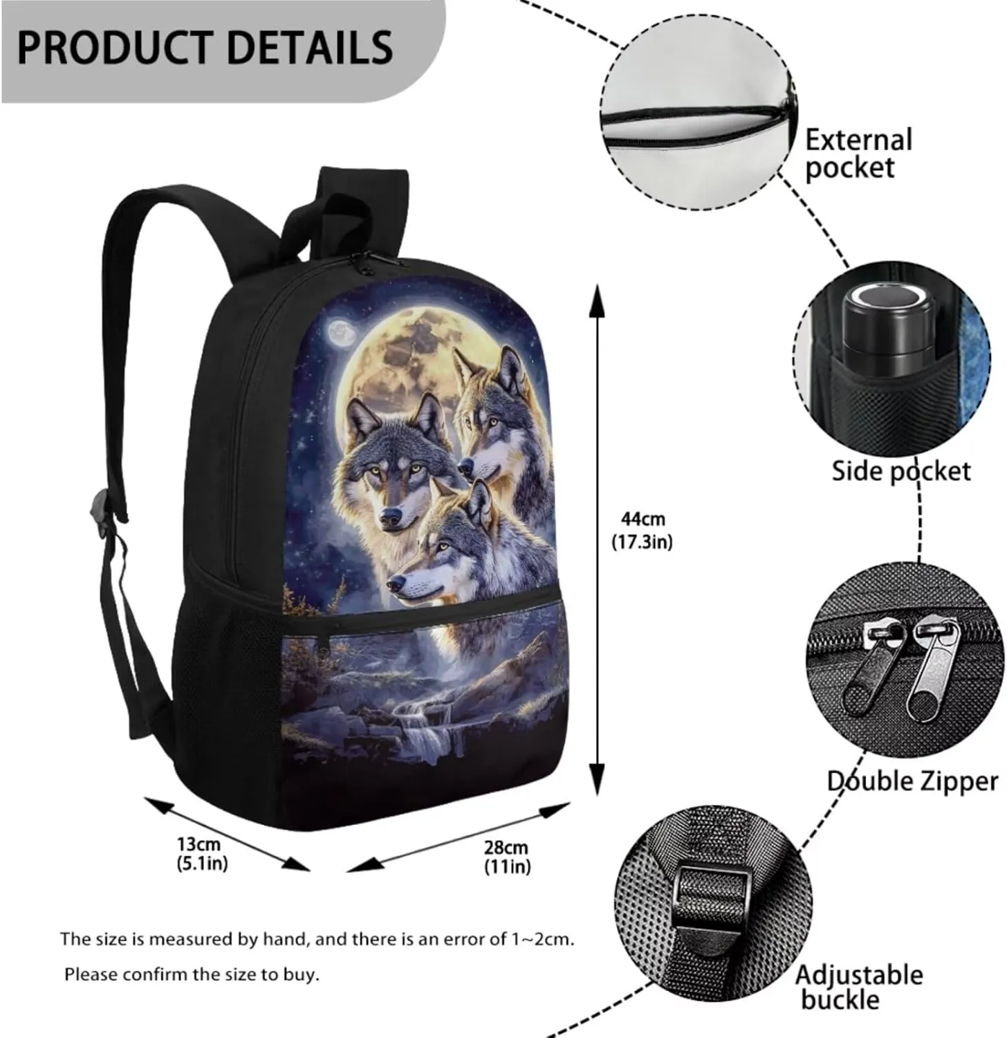 Showudesigns Wolf Backpack for School Boys 4th/6th Grade Girls Bookbag with Lunch Box Pencil Case Water Bottle Holder Elementary Middle School Bag Back Packs for Kids Child Satchel Travel Daypack