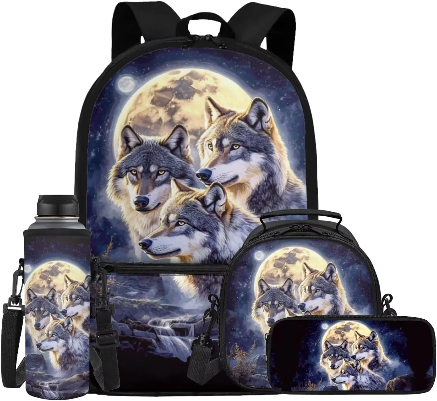Showudesigns Wolf Backpack for School Boys 4th/6th Grade Girls Bookbag with Lunch Box Pencil Case Water Bottle Holder Elementary Middle School Bag Back Packs for Kids Child Satchel Travel Daypack