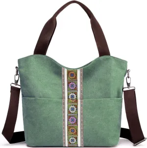 SILKAREA Women's Canvas Large Tote Bag Embroidered Shoulder Bag Multi Pocket Crossbody Bag Top Handle Bag Handbag Hobo Purse