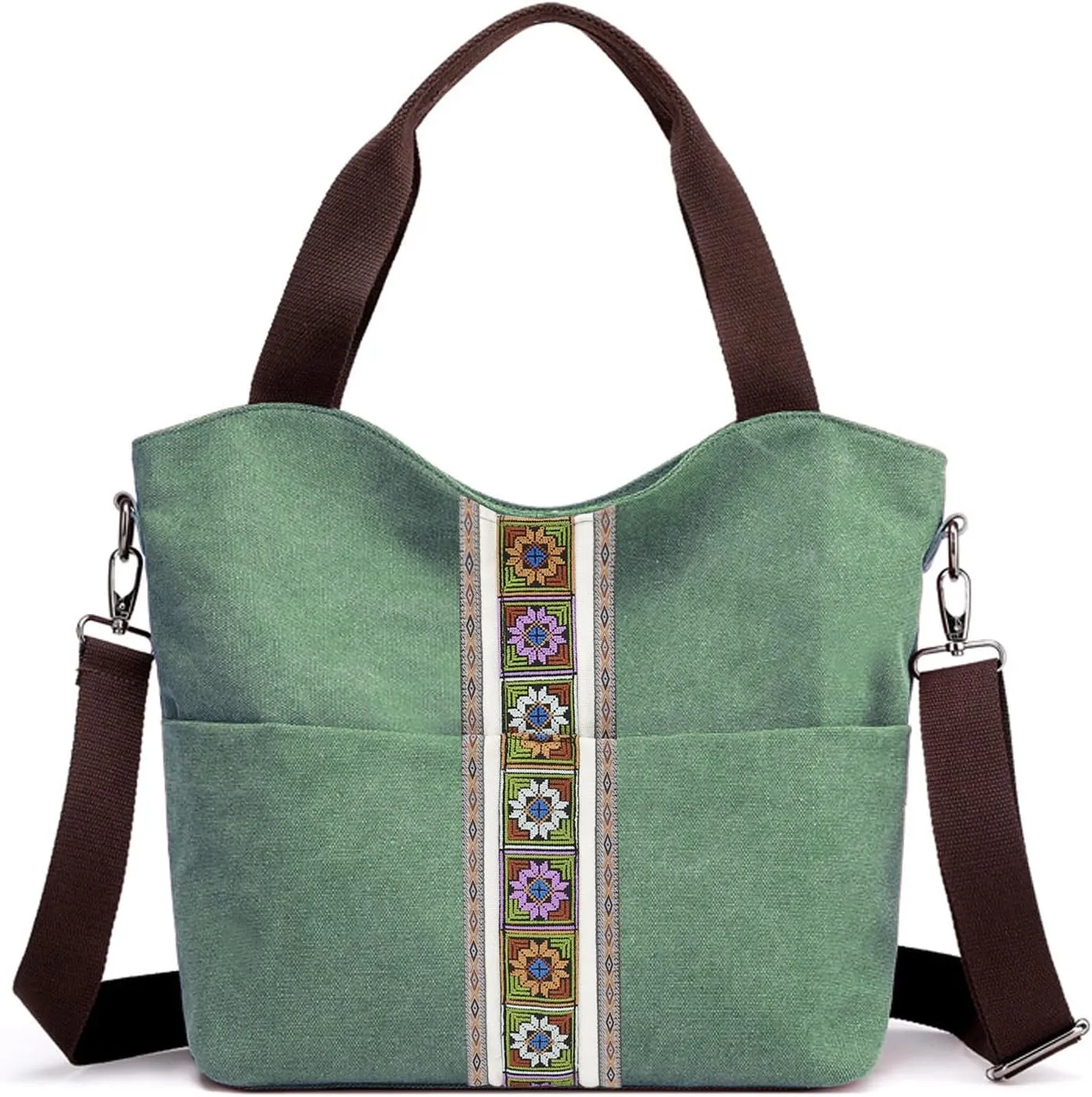 SILKAREA Women's Canvas Large Tote Bag Embroidered Shoulder Bag Multi Pocket Crossbody Bag Top Handle Bag Handbag Hobo Purse