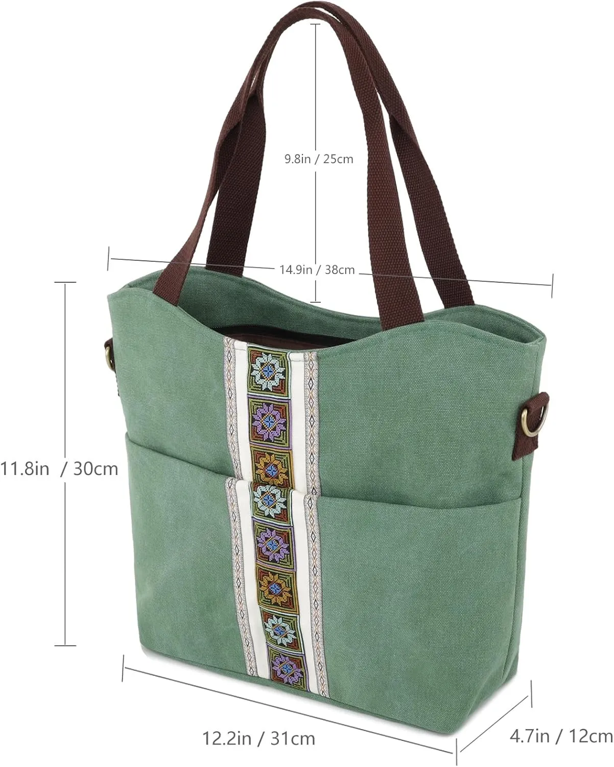 SILKAREA Women's Canvas Large Tote Bag Embroidered Shoulder Bag Multi Pocket Crossbody Bag Top Handle Bag Handbag Hobo Purse
