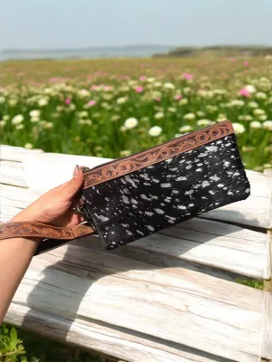 Silver Acid Wash Cowhide Fringe Long Wristlet