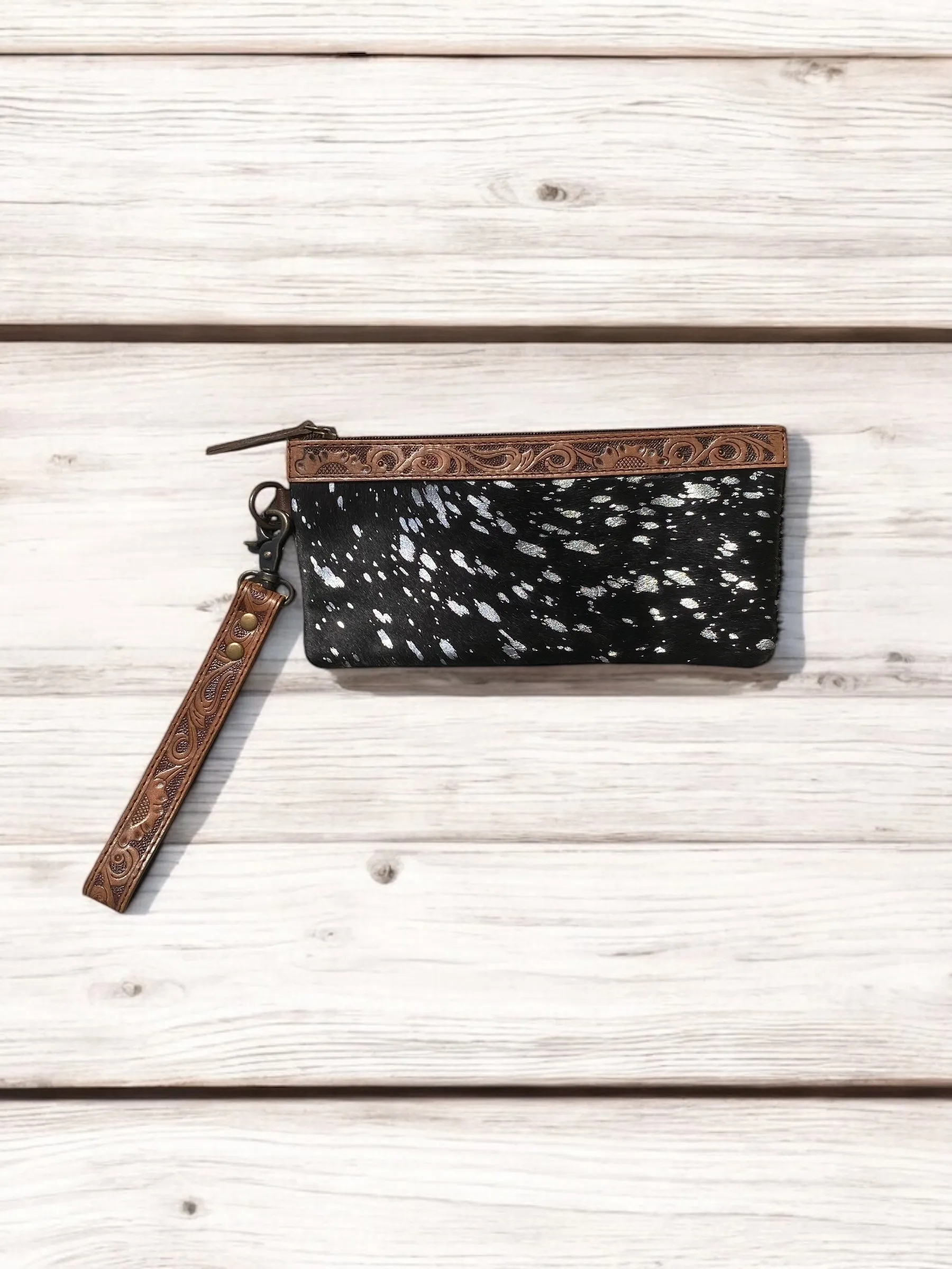 Silver Acid Wash Cowhide Fringe Long Wristlet
