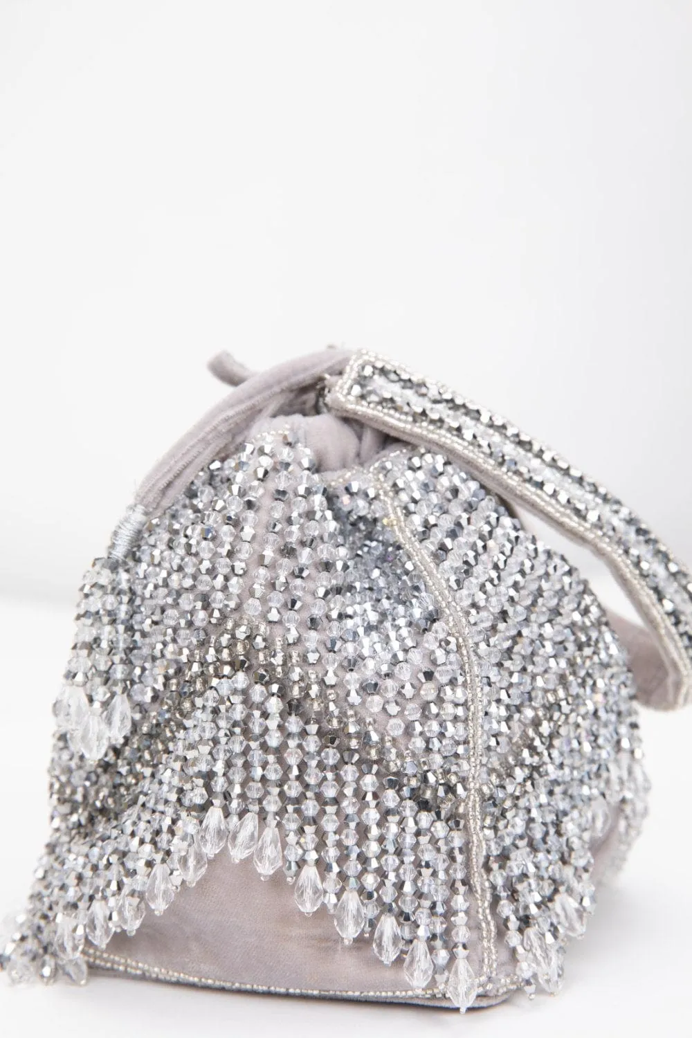 Silver Opal Potli With Handle, Embellished Ethnic Design