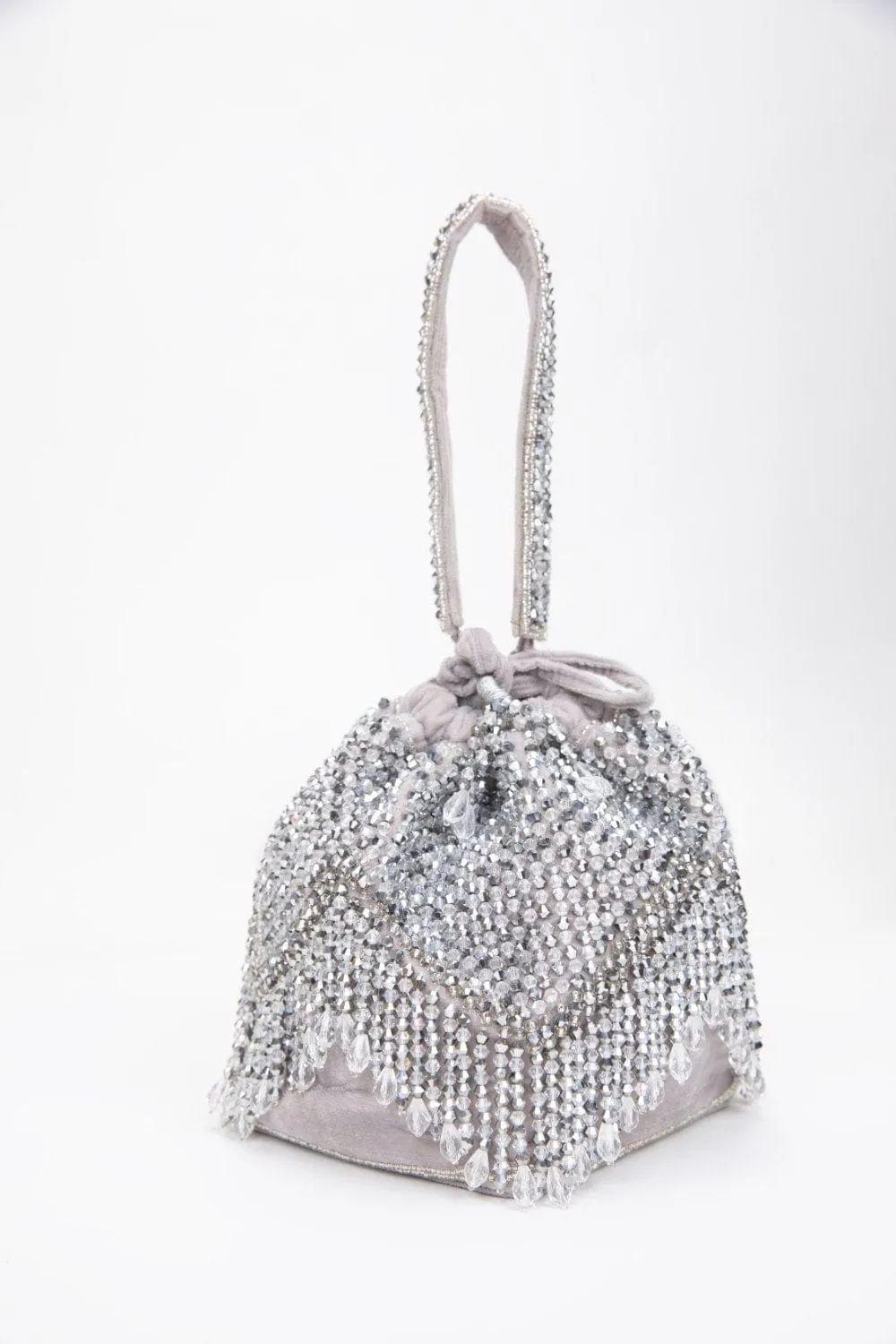 Silver Opal Potli With Handle, Embellished Ethnic Design