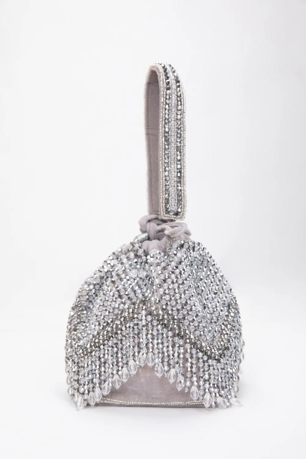 Silver Opal Potli With Handle, Embellished Ethnic Design