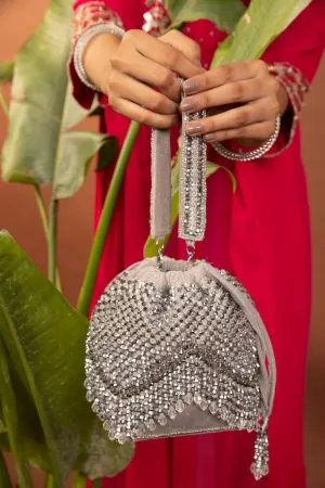 Silver Opal Potli With Handle, Embellished Ethnic Design