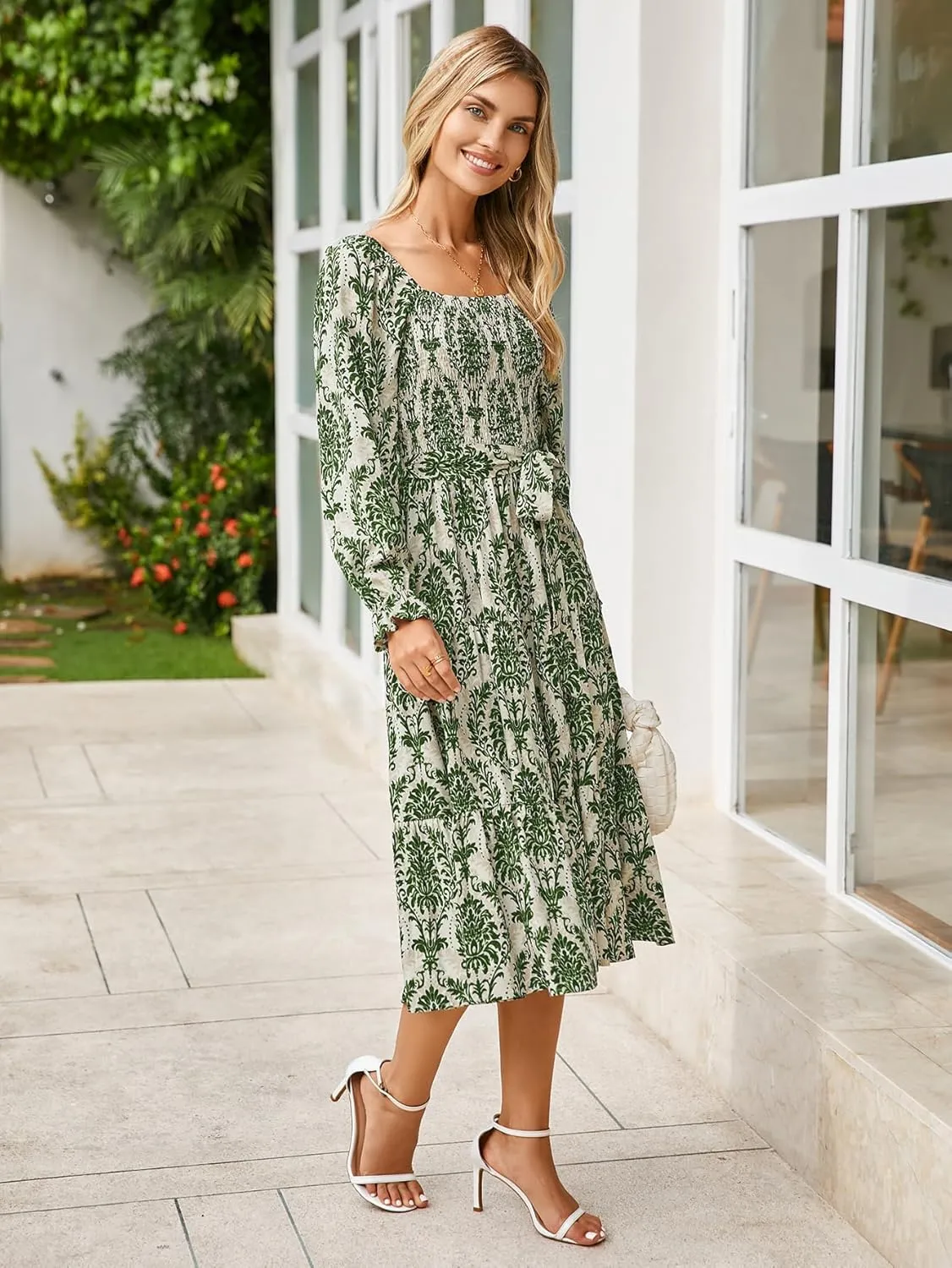 Simplee Womens Long Sleeve Maxi Floral Dress Casual Square Neck Long Flowy Boho Dresses