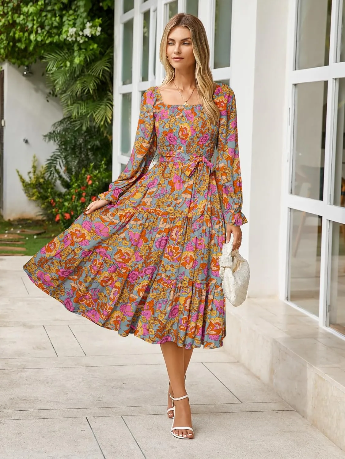 Simplee Womens Long Sleeve Maxi Floral Dress Casual Square Neck Long Flowy Boho Dresses