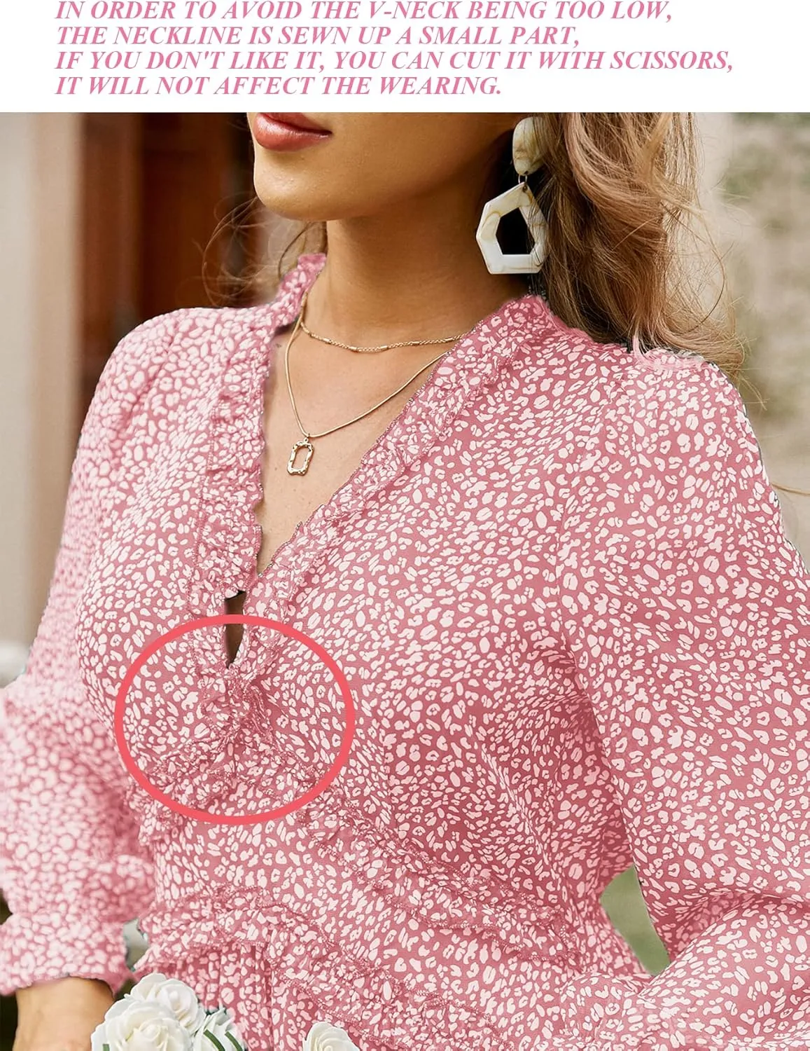 Simplee Women's V Neck Ruffles Floral Printed Long Sleeve Dress High Elastic Waist Flowing Midi Dresses