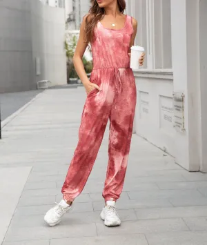 Sleeveless Tie Dye Scoop Neck Tie Waist Pockets Elastic Waist Drawstring Jumpsuit