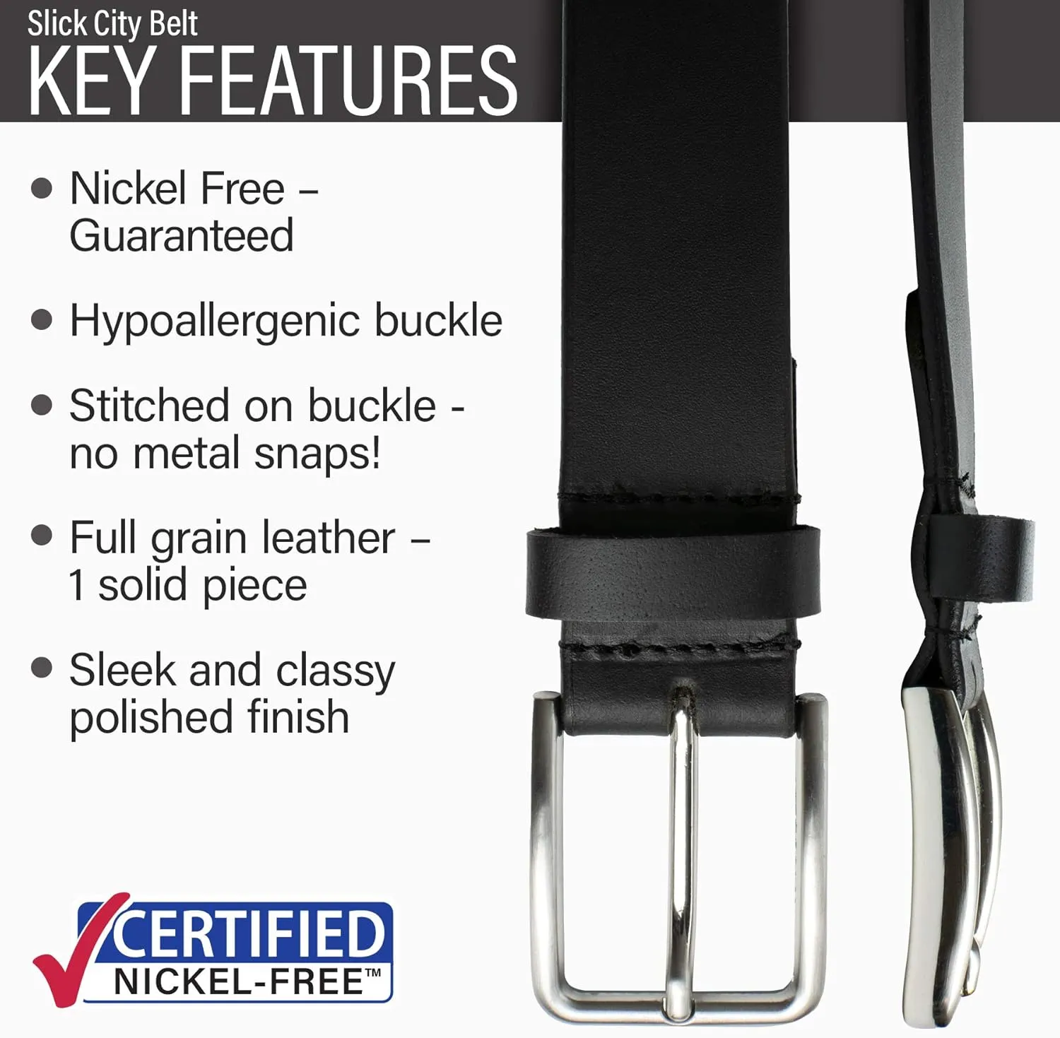 Slick City Belt - Genuine Full Grain Leather with Nickel Free Buckle