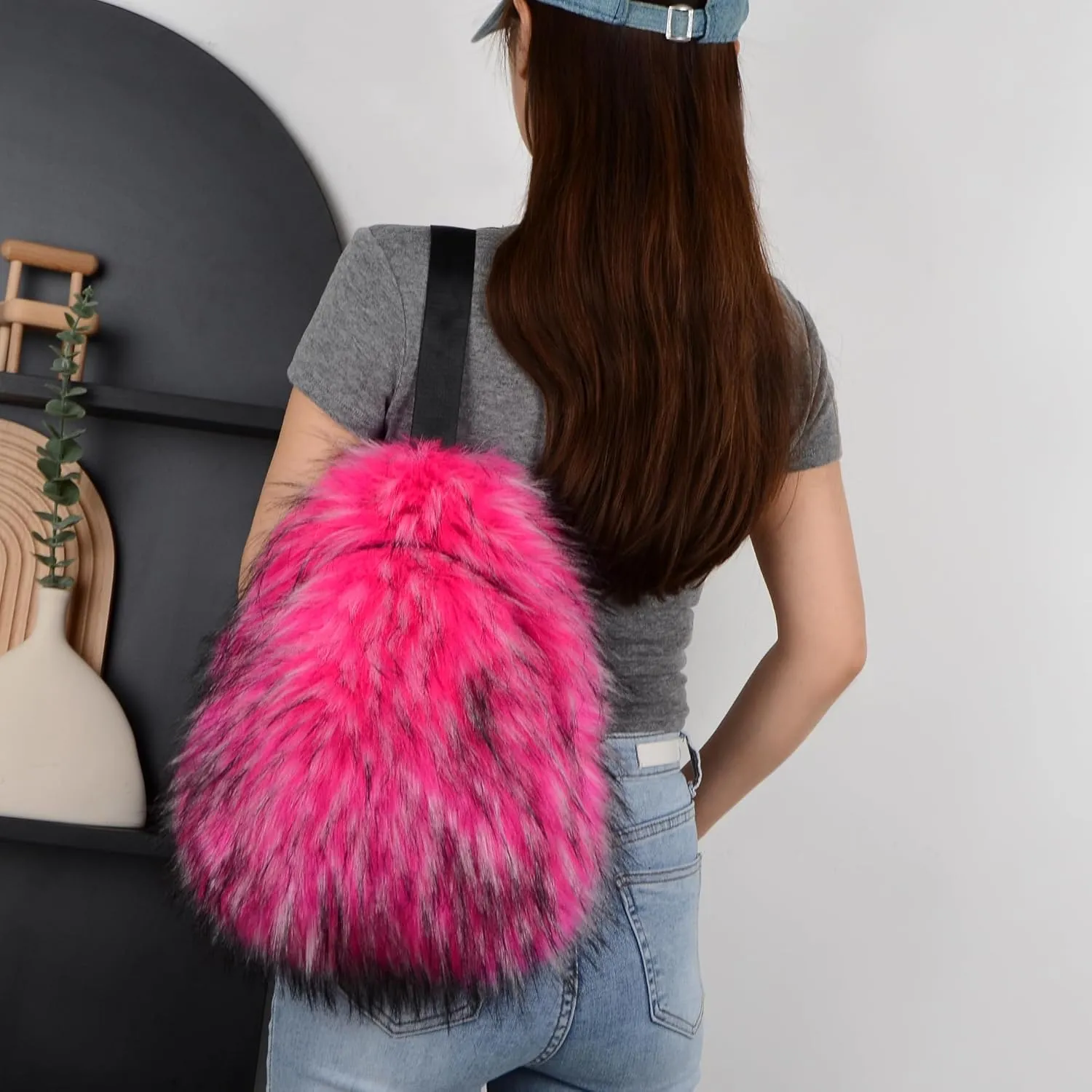 Sling Bag for Women Crossbody Chest Bag Cute Purse Fuzzy Fur Bag for Outdoor Hiking Trips
