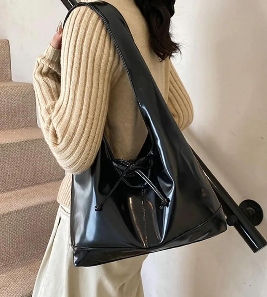 Slouchy Tote Bags For Women Soft Leather Handbag Retro Red Shoulder Bag Y2K Underarm Purse With Bow Casual Work Handbag