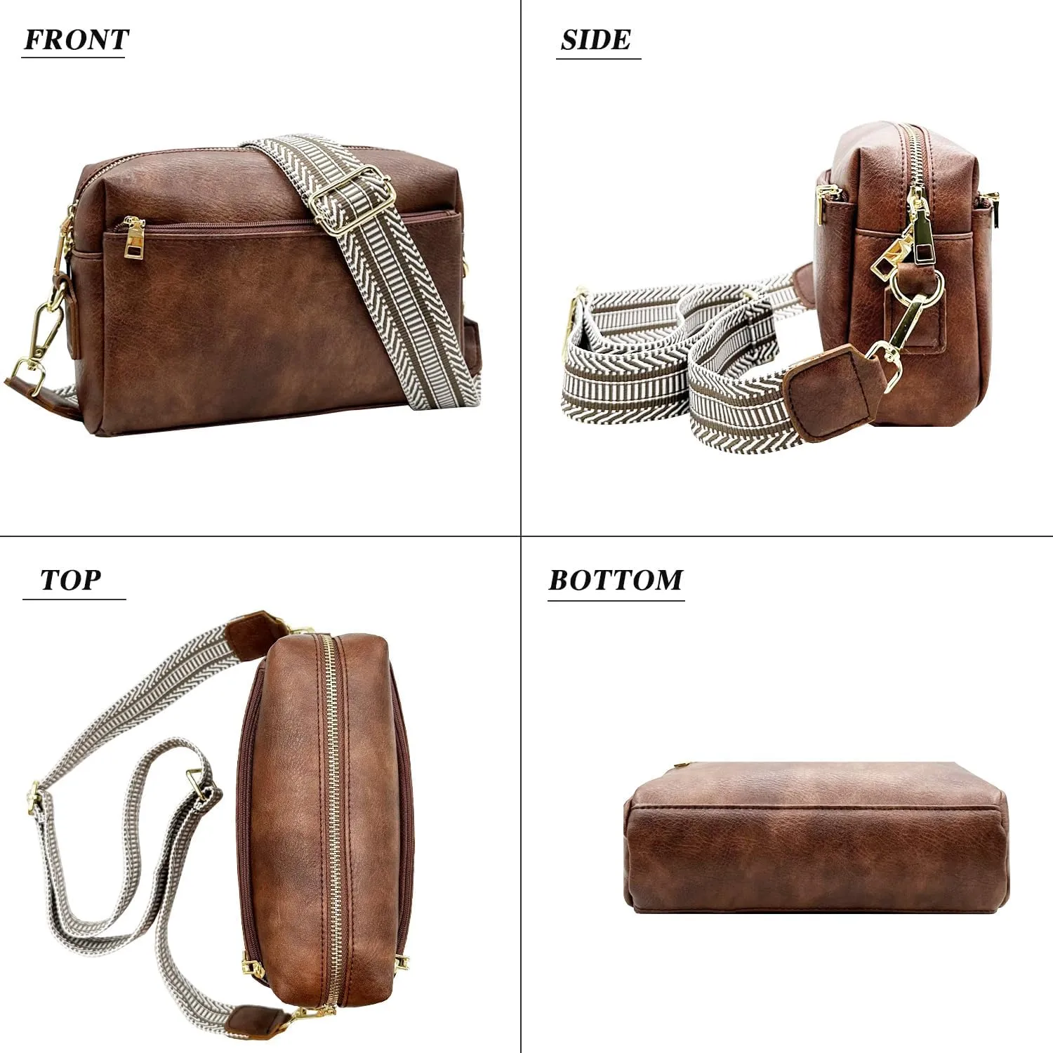Small Crossbody Bags Purses for Women Triple Zip Vegan Leather Shoulder Handbags with Guitar & Leather Straps