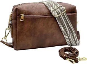 Small Crossbody Bags Purses for Women Triple Zip Vegan Leather Shoulder Handbags with Guitar & Leather Straps