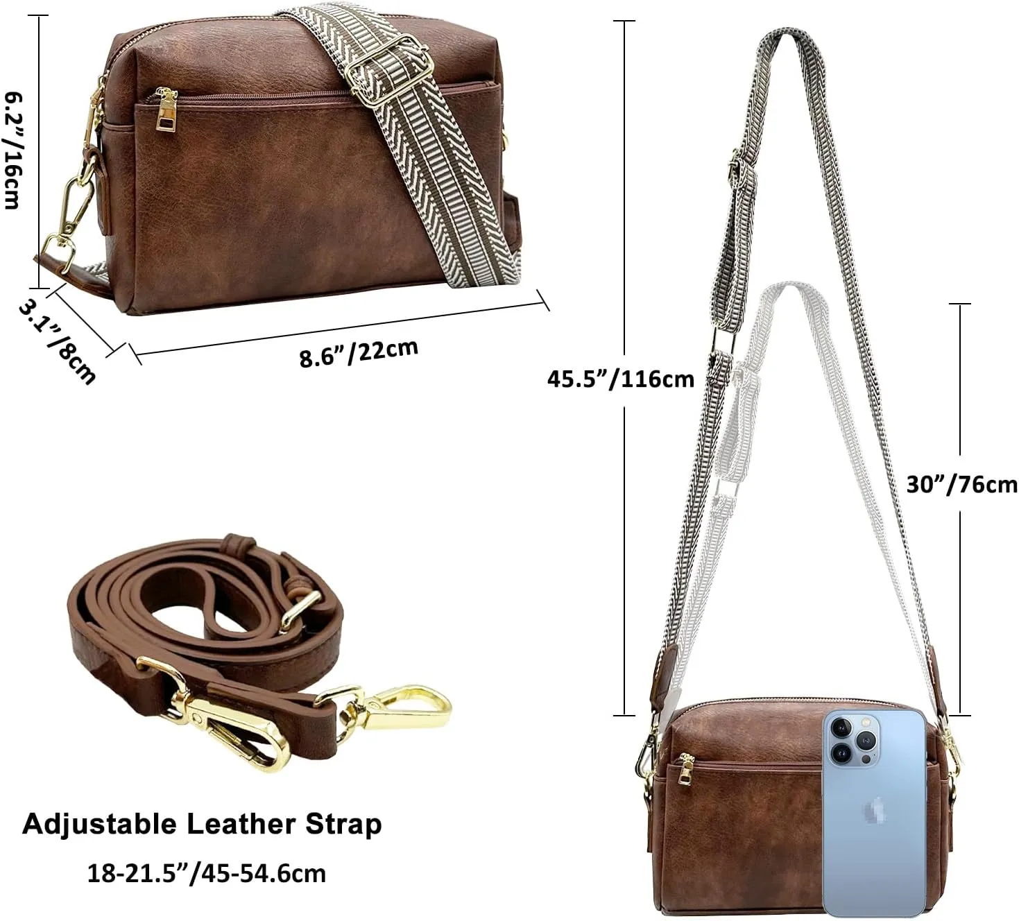 Small Crossbody Bags Purses for Women Triple Zip Vegan Leather Shoulder Handbags with Guitar & Leather Straps