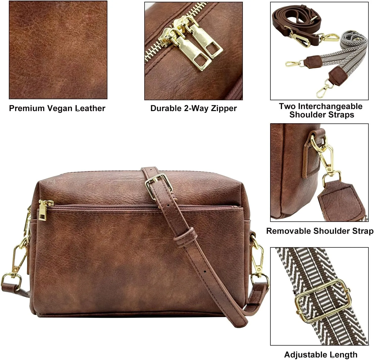 Small Crossbody Bags Purses for Women Triple Zip Vegan Leather Shoulder Handbags with Guitar & Leather Straps