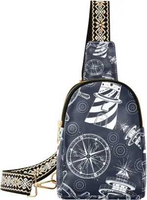 Small Sling Bag Anchor Steering Wheel Compass and Lighthouse Crossbody Bag PU Leather Sling Purse for Women