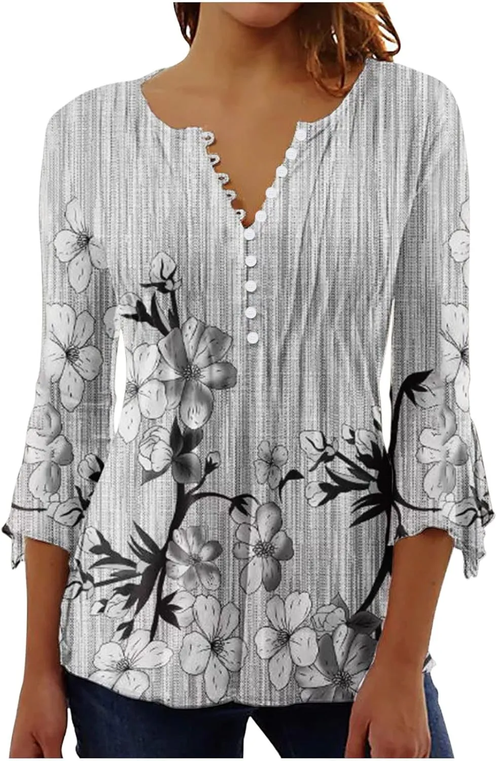 SMIDOW Summer Tunic Tops for Women 2023 Fashion 3/4 Bell Sleeve t-Shirt Bohemian Floral Henley Shirts Empire Waist Blouse
