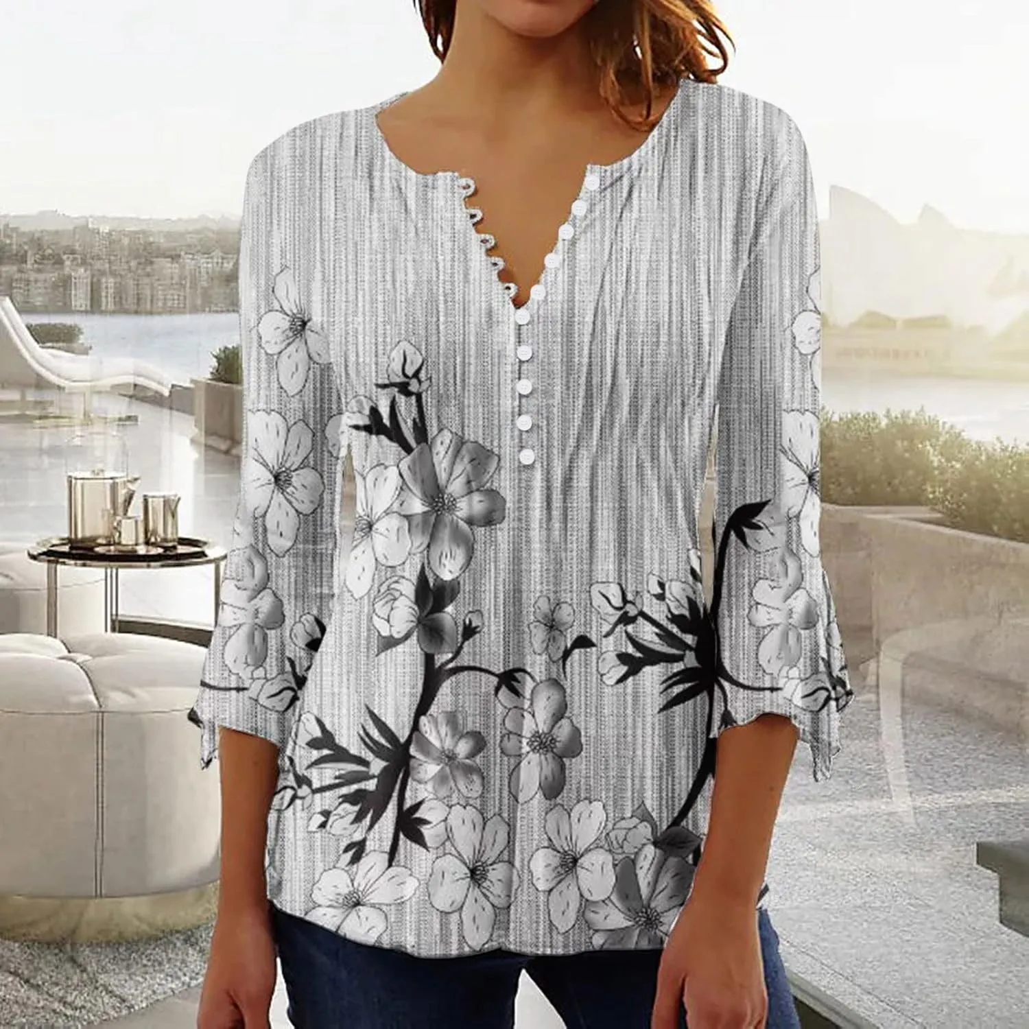SMIDOW Summer Tunic Tops for Women 2023 Fashion 3/4 Bell Sleeve t-Shirt Bohemian Floral Henley Shirts Empire Waist Blouse
