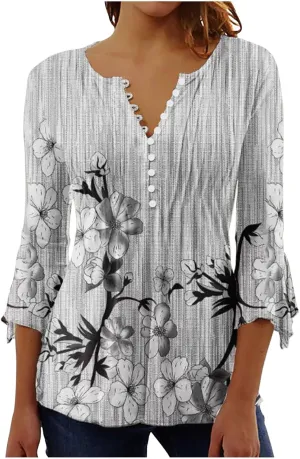 SMIDOW Summer Tunic Tops for Women 2023 Fashion 3/4 Bell Sleeve t-Shirt Bohemian Floral Henley Shirts Empire Waist Blouse