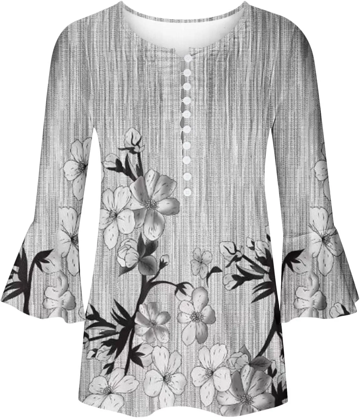 SMIDOW Summer Tunic Tops for Women 2023 Fashion 3/4 Bell Sleeve t-Shirt Bohemian Floral Henley Shirts Empire Waist Blouse