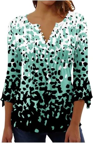 SMIDOW Tunic Tops for Women Loose Fit Spring Henley v Neck Shirt 3/4 Bell Sleeve Bohemian Floral Print t-Shirt Blouse Trendy