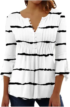 SMIDOW Tunic Tops for Women Loose Fit Spring Henley v Neck Shirt 3/4 Bell Sleeve Bohemian Floral Print t-Shirt Blouse Trendy