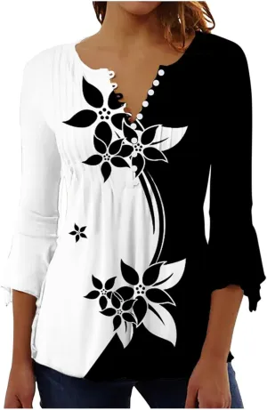 SMIDOW Tunic Tops for Women Loose Fit Spring Henley v Neck Shirt 3/4 Bell Sleeve Bohemian Floral Print t-Shirt Blouse Trendy