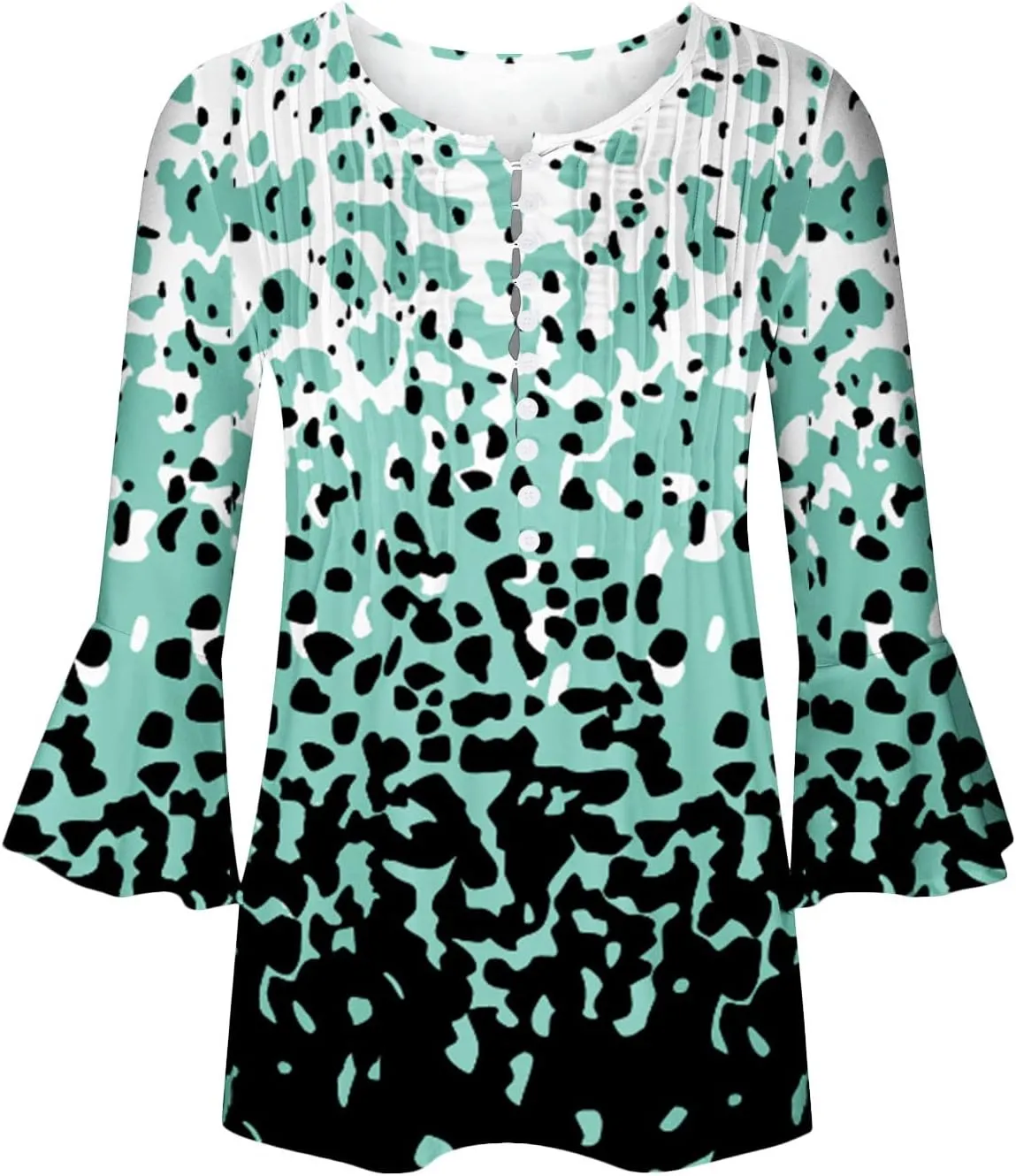 SMIDOW Tunic Tops for Women Loose Fit Spring Henley v Neck Shirt 3/4 Bell Sleeve Bohemian Floral Print t-Shirt Blouse Trendy