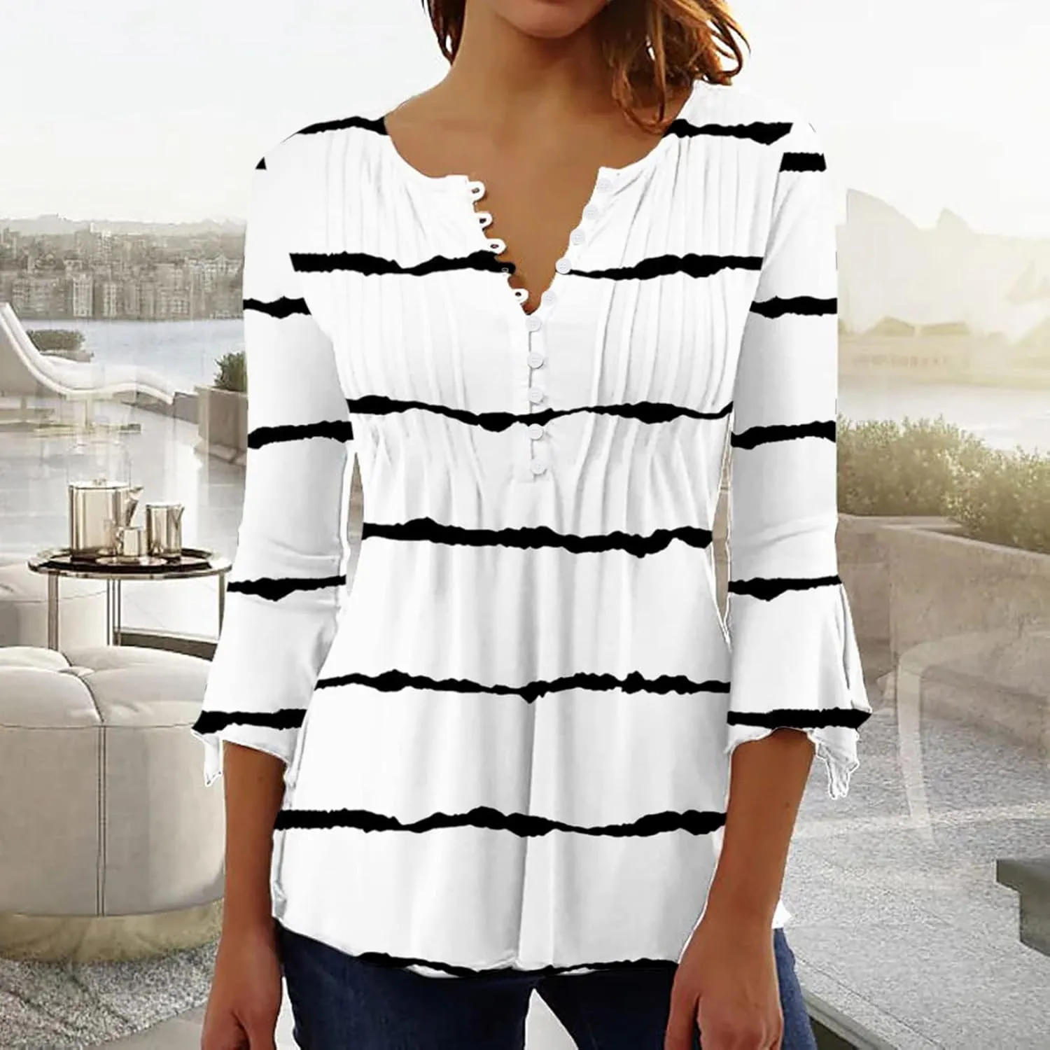 SMIDOW Tunic Tops for Women Loose Fit Spring Henley v Neck Shirt 3/4 Bell Sleeve Bohemian Floral Print t-Shirt Blouse Trendy