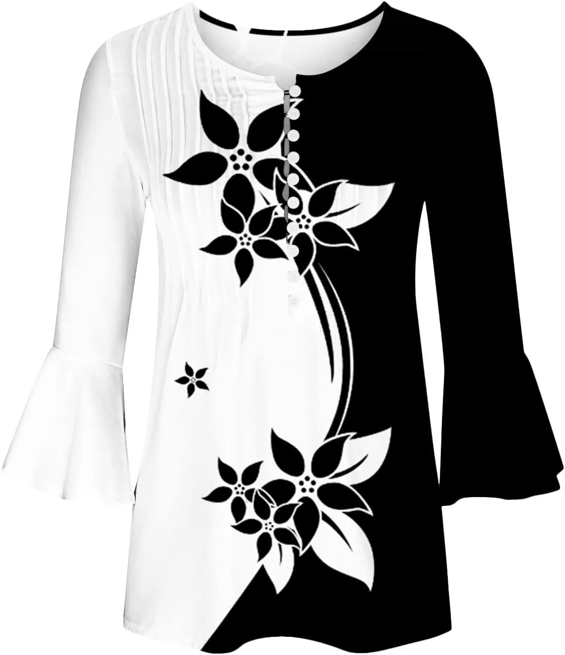 SMIDOW Tunic Tops for Women Loose Fit Spring Henley v Neck Shirt 3/4 Bell Sleeve Bohemian Floral Print t-Shirt Blouse Trendy