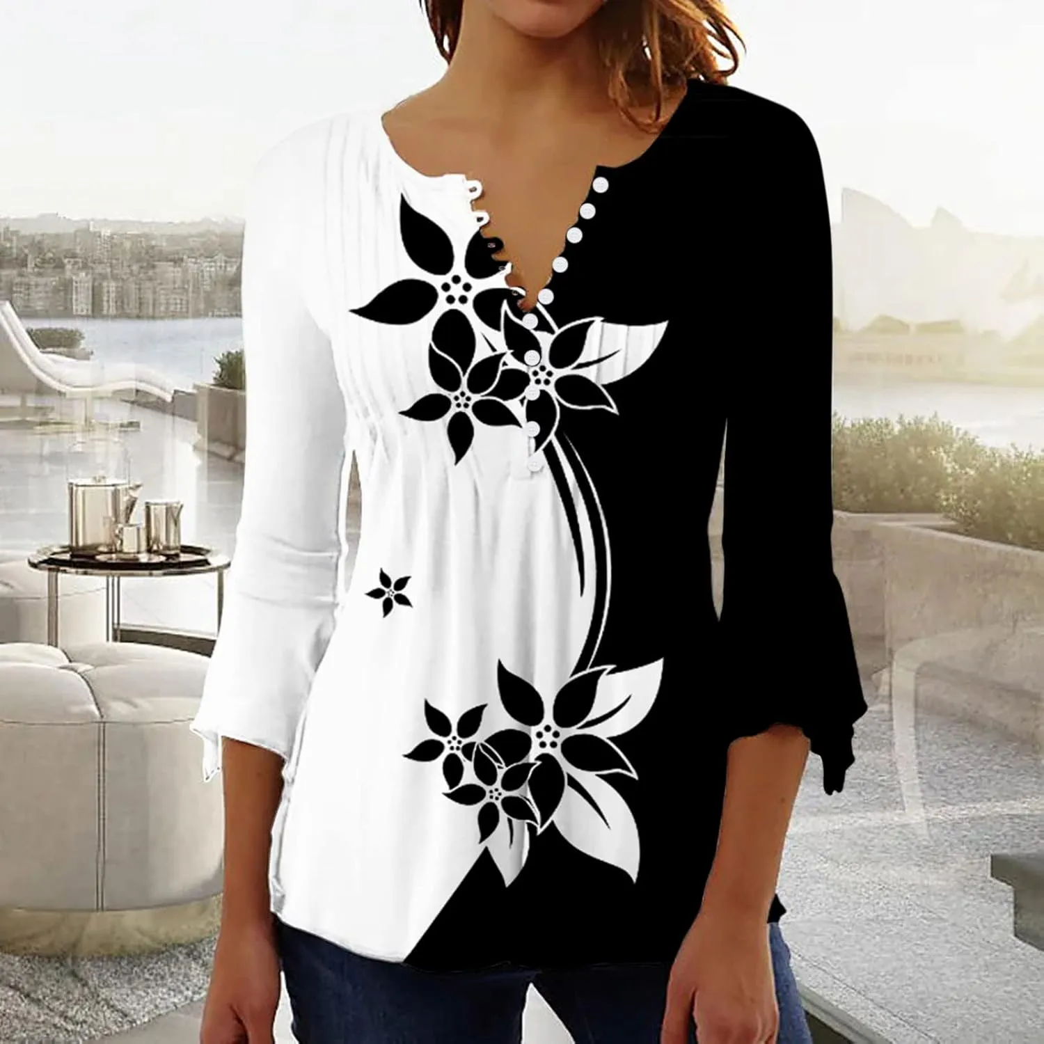 SMIDOW Tunic Tops for Women Loose Fit Spring Henley v Neck Shirt 3/4 Bell Sleeve Bohemian Floral Print t-Shirt Blouse Trendy
