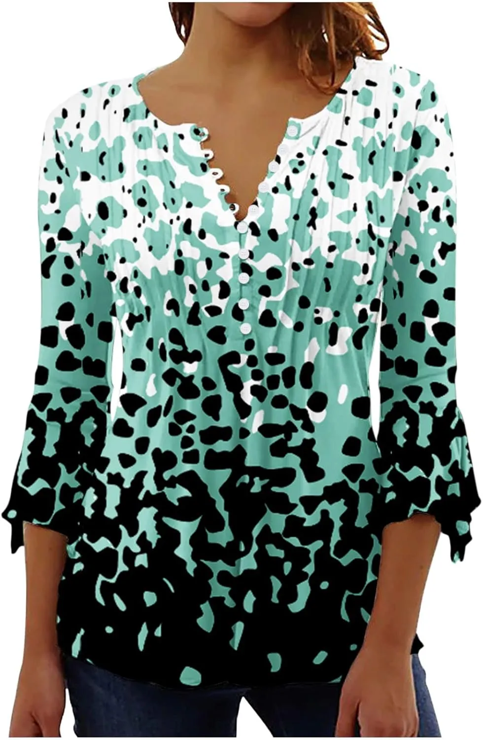 SMIDOW Tunic Tops for Women Loose Fit Spring Henley v Neck Shirt 3/4 Bell Sleeve Bohemian Floral Print t-Shirt Blouse Trendy