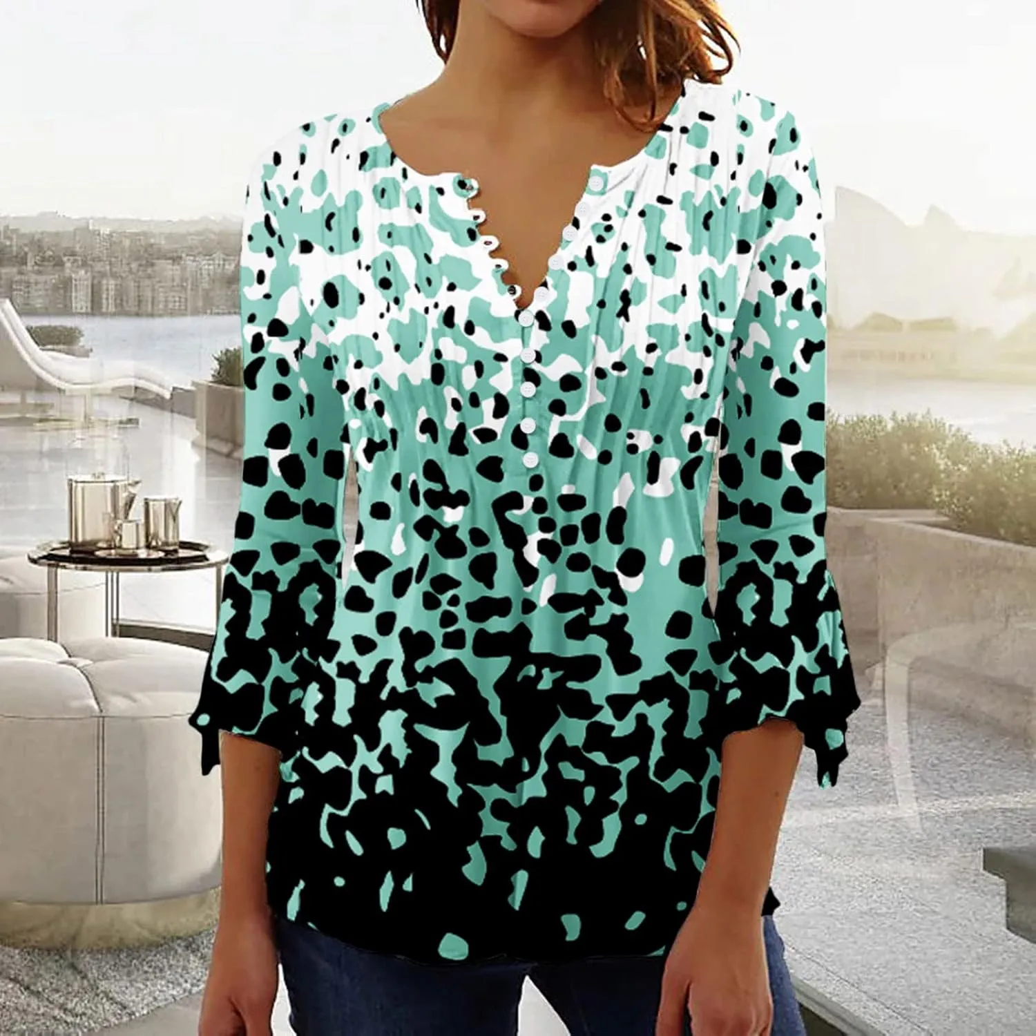 SMIDOW Tunic Tops for Women Loose Fit Spring Henley v Neck Shirt 3/4 Bell Sleeve Bohemian Floral Print t-Shirt Blouse Trendy